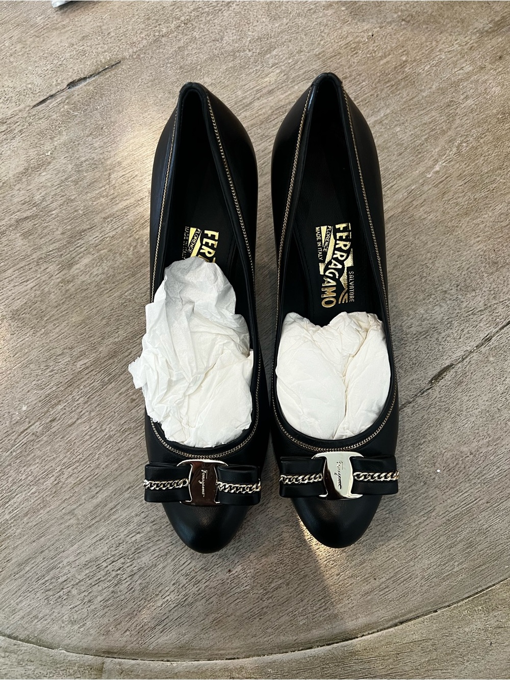 Salvatore Ferragamo Black Leather Chain-Detail Pointed Pumps